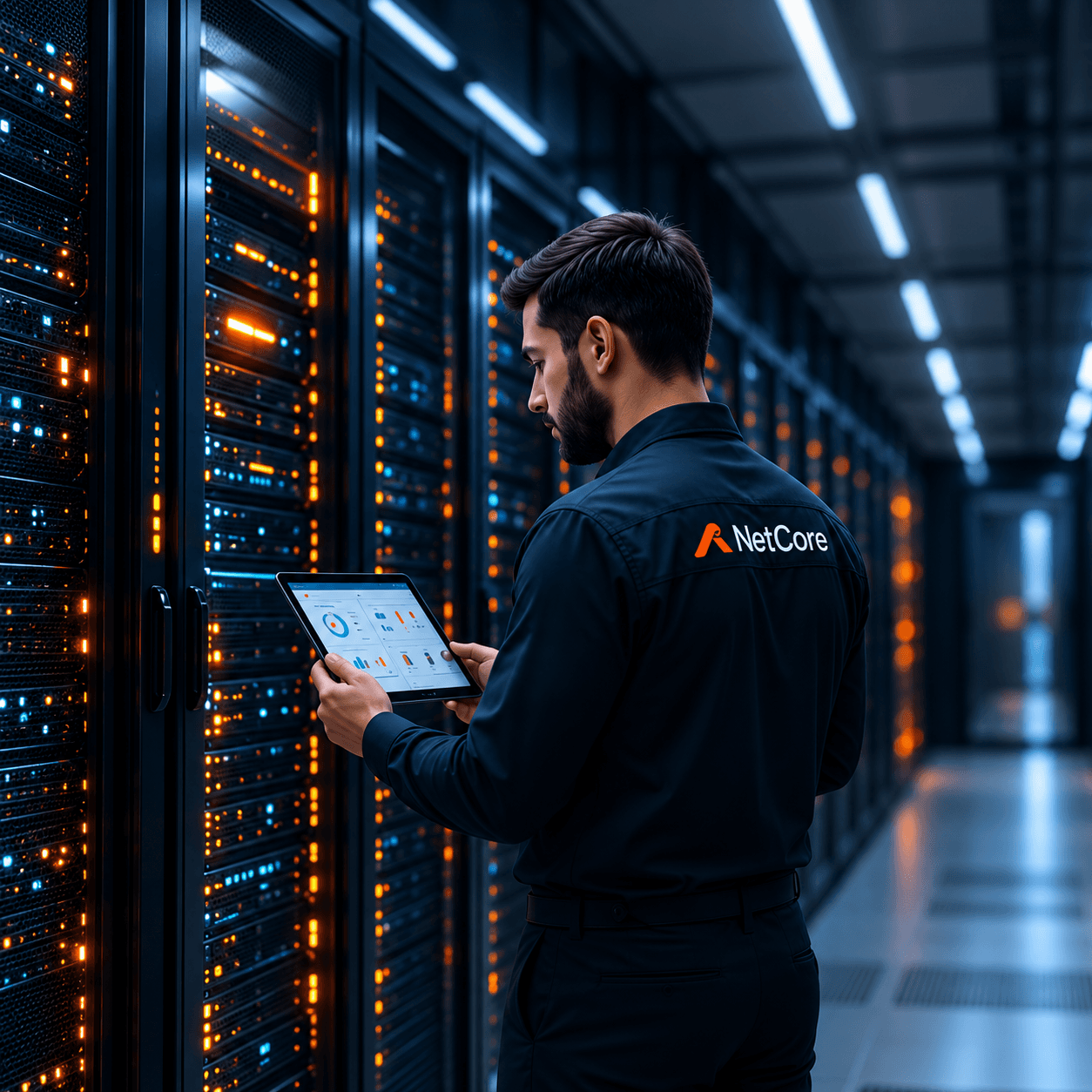 Engineer working in a data center